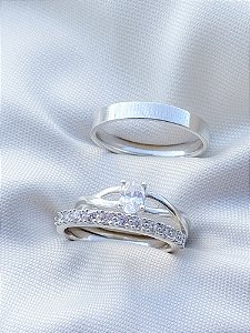 Par de aliança Nobre holanda 3mm com pedra + Solitário Royalty - Prata 950