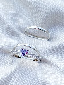 Par de Aliança Julieta 2mm + Solitário Love cravejado - Prata 950