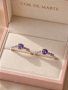 Par de Aliança Solitários Enrolados Roxo - Prata 950