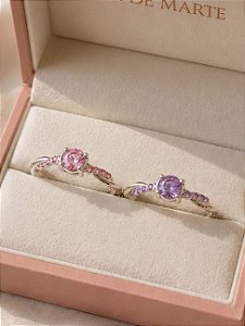 Par de Aliança Solitários Enrolados rosa e roxo - Prata 950