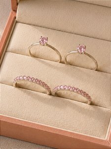 Par de aliança Nobre + Solitarios encanto rosa - Prata 950