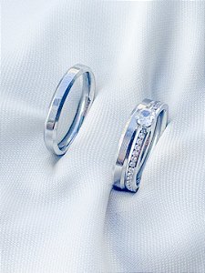 Par de Aliança Chanfrada 3mm + Solitario Romance - Aço Inox