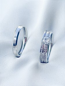 Par de Aliança França + Solitario Romance - Aço inox