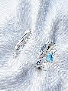 Par de Aliança Mônaco com pedra azul + Solitário Love azul - Prata 950
