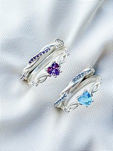 Par de Aliança Mônaco ELAS Roxo e azul + Solitários love - Prata 950