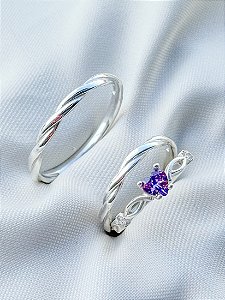 Par de Aliança Mônaco + Solitario Love roxo - Prata 950
