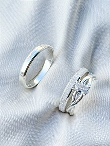 Par de aliança Snow 3mm + Solitário Royalty - Prata 950
