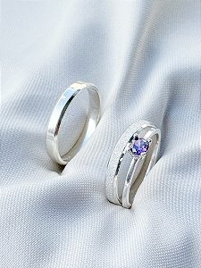 Par de Aliança Snow 3mm + Solitário Encanto Roxo - Prata 950