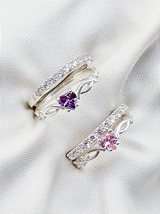Par de Aliança Pace + Solitários Love rosa e roxo - Prata 950