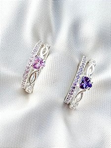 Par de Aliança bella rosa e roxo + Solitários Love - Prata 950