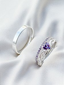 Par de alianças Polônia com pedra roxa + Solitário love roxo - Prata 950