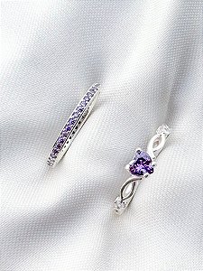 Anel aliança bella roxa + Solitário love roxo - Prata 950