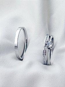 Par de Aliança Paris com pedra + Solitário Cristal - Aço Inox