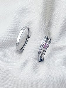 Par de Aliança Paris com pedra + Solitário Rosa - Aço Inox