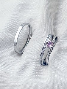 Par de Aliança Paris com pedra + Solitário Rosa - Aço Inox
