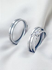 Par de Aliança Friso com Pedra + Solitário cristal - Aço Inox