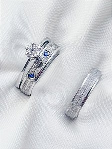 Par de aliança Diamantada com pedras + Solitário cristal - Aço Inox