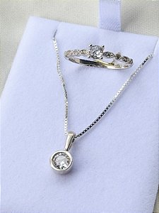 Conjunto Colar ponto de luz + Solitário cristal - Prata 950/925