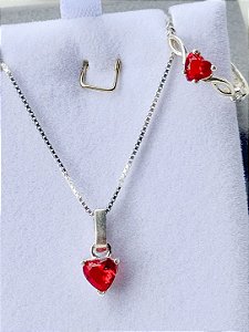 Conjunto Colar + Solitário Love vermelho - Prata 950/925