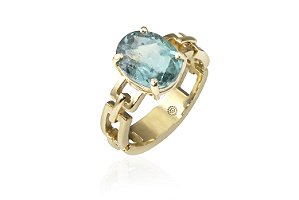 ANEL CICLOS COM TURMALINA OVAL AZUL ESVERDEADA EM OURO 18K