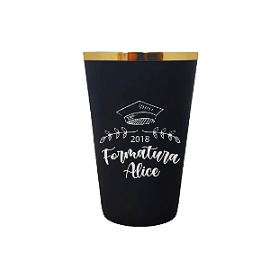 Copo Shake Preto Fosco com Borda Metalizada Dourada - Personalizada