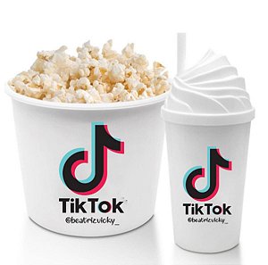 Kit Cinema (Copo Chantilly + Balde de Pipoca TIK TOK com seu Nome ou User)