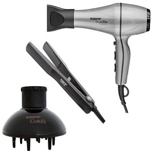 KIT TAIFF - SECADOR CABELO STYLE PRO 2000W PRATA 127V + PRANCHA CERAMIC 180ºC + DIFUSOR DE AR CURVES