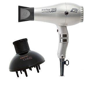 KIT - SECADOR PROFISSIONAL PARLUX 385 POWER LIGHT PRATA 2100W 127V + DIFUSOR DE AR CURVES TAIFF