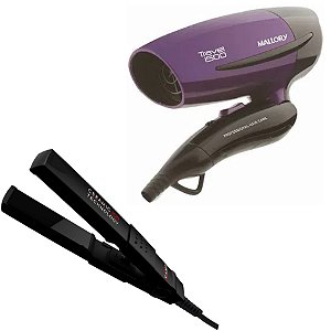 KIT BIVOLT - SECADOR DE CABELO MALLORY TRAVEL 1500 1250W + PRANCHA GAMA MINI CERAMIC ION 200°C