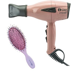 KIT - SECADOR LION LS07 2150W ROSA 220V + ESCOVA MQ OVAL MEDIA DESEMBARACANTE ANGEL BEAUTY 05047