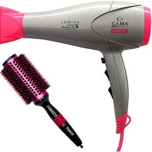 KIT SECADOR GAMA LUMINA NANO TOURMALINE ION 2200W 127V + ESCOVA PROART METALLIC PRO ROSA 38MM EPM06