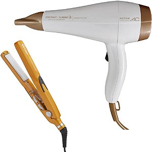 KIT - SECADOR GAMA COCONUT E ALMONDS CERAMIC ION 2000W 127V + PRANCHA LION TITTAN 215°C \ 420F