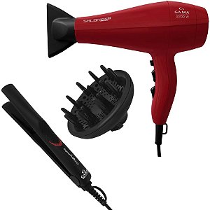 Kit Gama - Secador Salon Pro Ion Plus 3d 2200w Vermelho 220v + Prancha Eleganza Plus 210ºc
