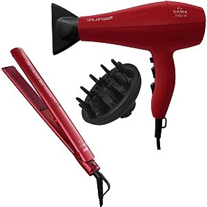 Kit Gama - Secador Salon Pro Ion Plus 3d 2200w Vermelho 220v + Prancha Elegance New Lumina Red 220ºc