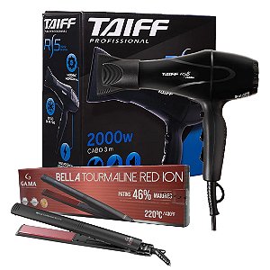 KIT - SECADOR PROFISSIONAL TAIFF RS-5 2000W 127V + PRANCHA GAMA BELLA TOURMALINE RED ION 220°C - BIV