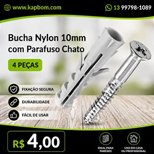 Kit Bucha de Nylon 10mm com Parafuso Chato – 4 Unidades Alta Fixação e Resistência