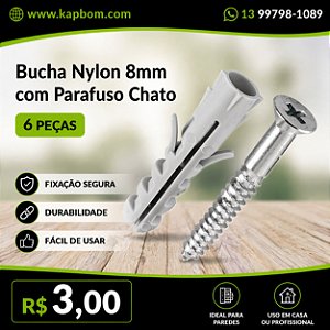 Bucha de Nylon 8mm com Parafuso Chato – Kit com 6 Unidades Alta Fixação e Resistência