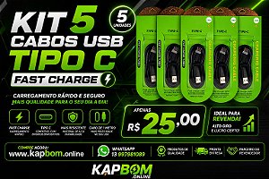 Kit 5 Cabos USB Tipo C 25W Turbo Fast Charge 1 Metro Atacado
