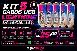 Kit 5 Cabos USB lightning 25W Turbo Fast Charge 1 Metro Atacado