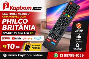 Controle Remoto Compatível Philco Britânia Smart TV LCD LED 4K Netflix YouTube Com Pilhas