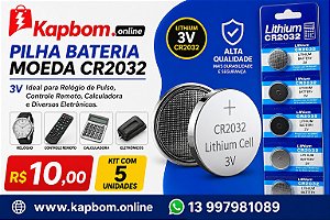 Kit 5 Pilhas Bateria Moeda CR2032 3V Lithium para Controle, Relógio, Calculadora e Eletrônicos
