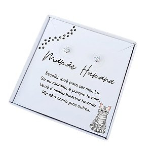 Brinco ponto de luz de aço + Caixa Presente Mãe de Gato cinza