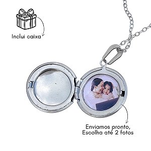 Colar relicário com foto redondo de aço inox