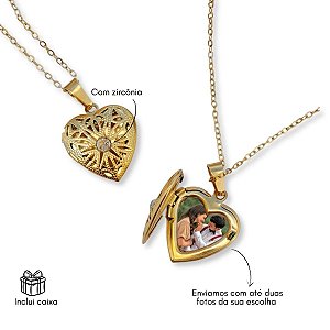 Colar relicário com foto coração aço com banho ouro com zircônia