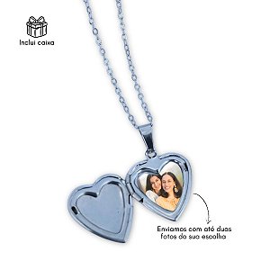 Colar relicário com foto coração liso aço
