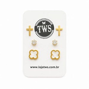 Kit de brincos trevo e cruz de aço inox banho ouro