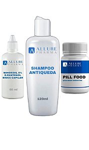 Kit Cuidado Capilar: Minoxidil 5%, D-Pantenol e Bioex® 60ml + 1 Pill Food - 30 cápsulas + 1 Shampoo Antiqueda - 120ml
