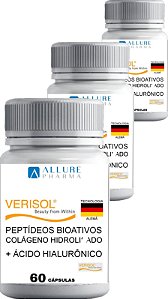 Kit 3 potes Colágeno Hidrolisado VERISOL®️ 2,5g Tecnologia Alemã + Ácido Hialurônico Haplex® Plus 50mg  Total de 180 cápsulas  Pele mais jovem e firme. Selo de autenticidade