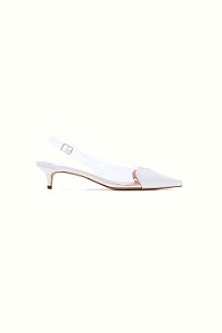 ALICE - SCARPIN FEMININA BICO FINO SALTO KITTEN HEELS CORAÇÃO VINIL BRANCO