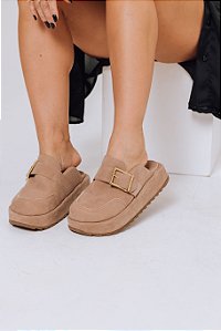 LARI - CLOG FEMININO ANATÔMICO CAMURÇA FIVELA BEGE